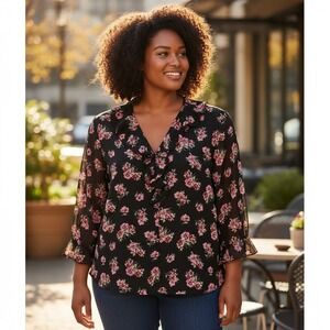 Vintage Villager Womens Top Plus 2X Black Pink Floral Sheer Dark Cottagecore Y2K